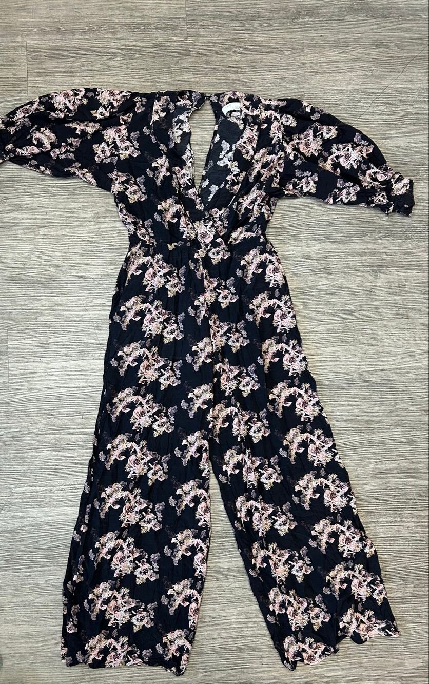 ⁠IRO Paris Floral Jumpsuit Womens 38 US 6 Medium Black Pink Wide Leg Open Back⁠